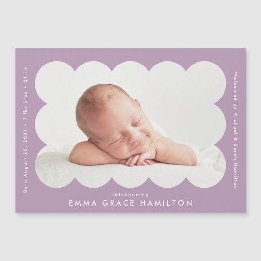 紫色モダンの鱗片状の写真の誕生のお知らせ (正面)