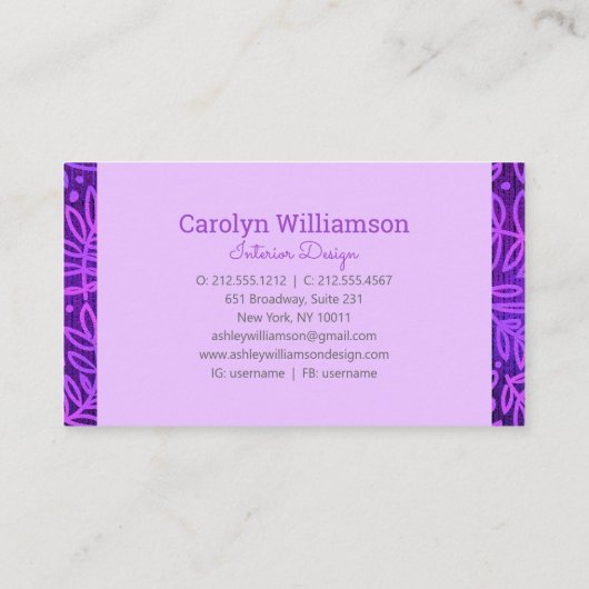 紫色モノグラム葉型植物モダンはっきりした 名刺 (裏面)