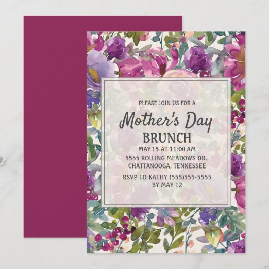 紫色ライラックピンクの水彩花の母の日 招待状 (正面/裏面)