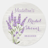 紫色ラベンダーの花を飾った木製のウェディングシャワーボード ラウンドシール (正面)