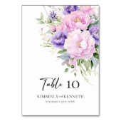 紫色ラベンダーピンクフローラ結婚テーブルのサイン テーブルナンバー (正面)