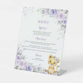 紫色ラベンダーフローラかわいいライオン赤ちゃんシャワーメニュー 台座サイン