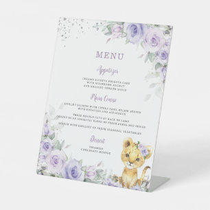 紫色ラベンダーフローラかわいいライオン赤ちゃんシャワーメニュー 台座サイン