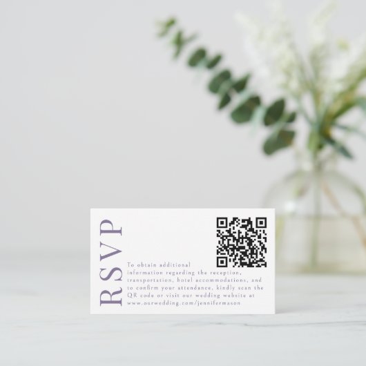 紫色ラベンダーフローラ結婚式RSVP QRコードカード エンクロージャーカード (スタンド正面)