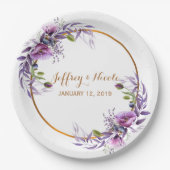 紫色ラベンダーポピー水彩結婚花 ペーパープレート (正面)