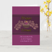 紫色ランプおよび花が付いているDiwaliの挨拶状 カード (黄色い花)