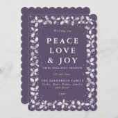 紫色リノプリントのホリーデコレーション ボーダー フラットカード シーズンカード (正面/裏面)