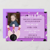 紫色ロックとボウル付き写真ボウリングパーティー 招待状 (正面/裏面)
