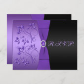 紫色印刷されたリボン黒い花の応答カード 出欠カード (正面/裏面)