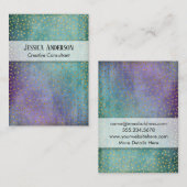 紫色及びティール（緑がかった色）のグランジな質上の金ゴールドの紙吹雪 名刺 (正面/裏面)