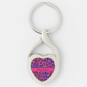 紫色及びピンクのヒョウのプリントの歪んだハートKeychain キーホルダー