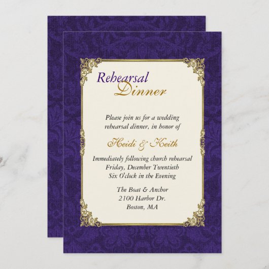 紫色及びヴィンテージの金ゴールドのリハーサルの夕食の招待状 招待状 (正面/裏面)