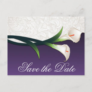 紫色及び白いオランダカイウユリの結婚式の保存日付 案内ポストカード