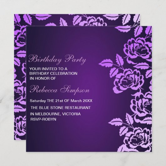 紫色及び白い花の誕生日の招待状は上がりました 招待状 (正面/裏面)