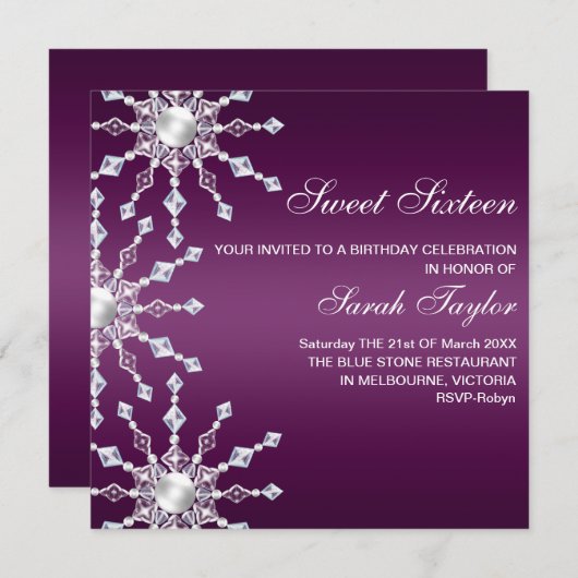 紫色及び白のきらめくの雪片の誕生日の招待 招待状 (正面/裏面)