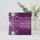 紫色及び白のきらめくの雪片の誕生日の招待 招待状 (スタンド正面)