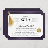 紫色及び金ゴールドのふさの免状の卒業の招待状 招待状 (正面/裏面)