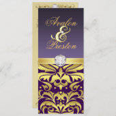 紫色及び金ゴールドのダイヤモンドのダマスク織の結婚式招待状 招待状 (正面/裏面)