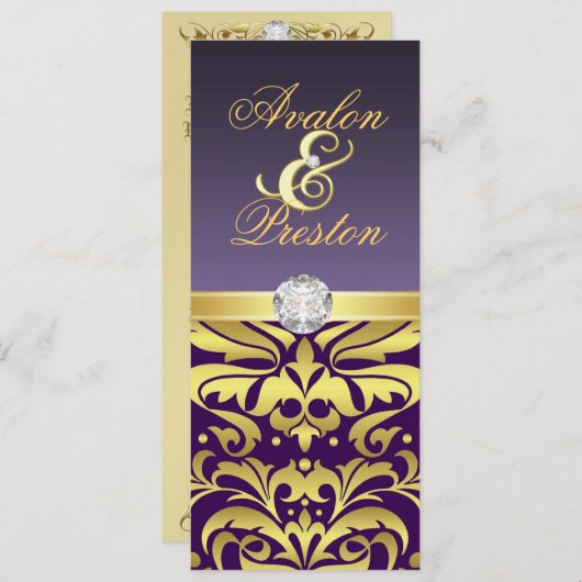 紫色及び金ゴールドのダイヤモンドのダマスク織の結婚式招待状 招待状 (正面/裏面)