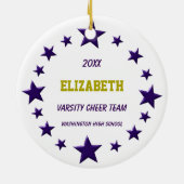 紫色及び金ゴールドのブルネットのチアリーダーPom Poms セラミックオーナメント (裏面)