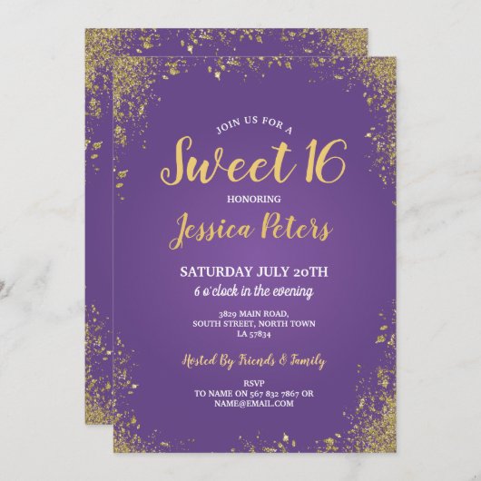 紫色及び金ゴールドの菓子16のパーティーのエレガントな誕生日 招待状 (正面/裏面)