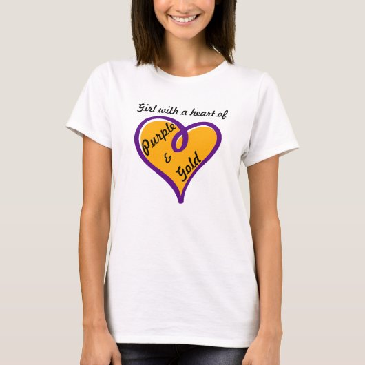 紫色及び金ゴールドのTシャツののハートの女の子デザイン Tシャツ (正面)