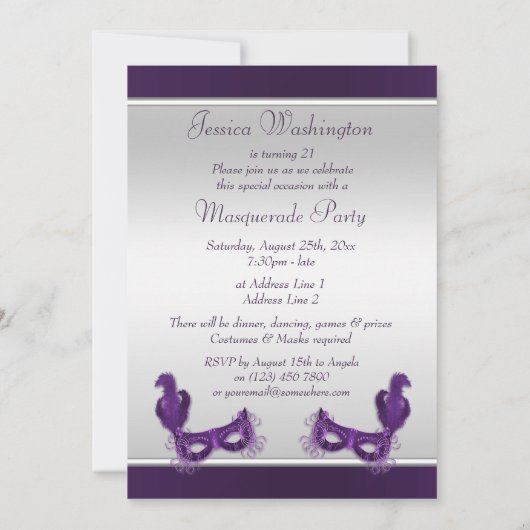 紫色及び銀のシックな仮面舞踏会のパーティー 招待状 (裏面)