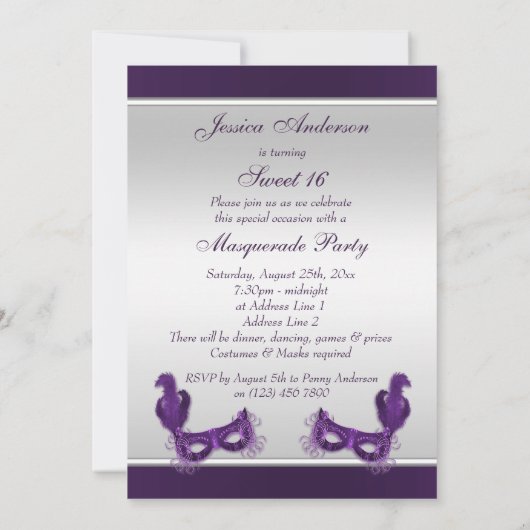 紫色及び銀の菓子16の仮面舞踏会のパーティー 招待状 (裏面)
