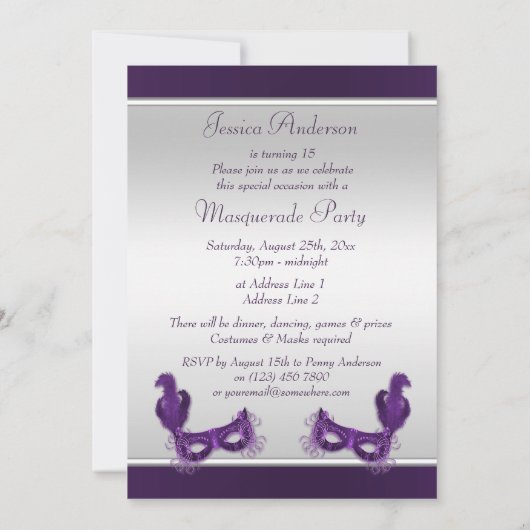 紫色及び銀のQuinceañeraの仮面舞踏会のパーティー 招待状 (裏面)