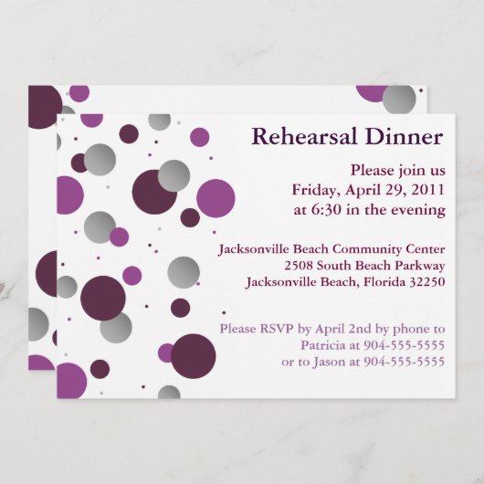 紫色及び銀製の点のリハーサルの夕食の招待状 招待状 (正面/裏面)