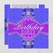紫色及び青のダマスク織の誕生日のパーティの招待状 招待状 (正面/裏面)