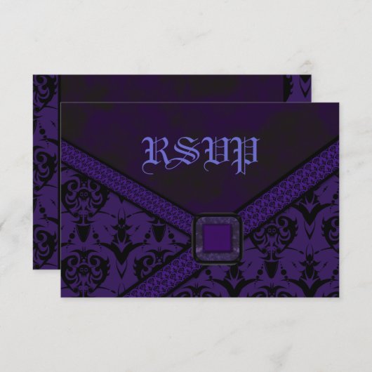 紫色及び黒いゴシックのレースの結婚式 出欠カード (正面/裏面)