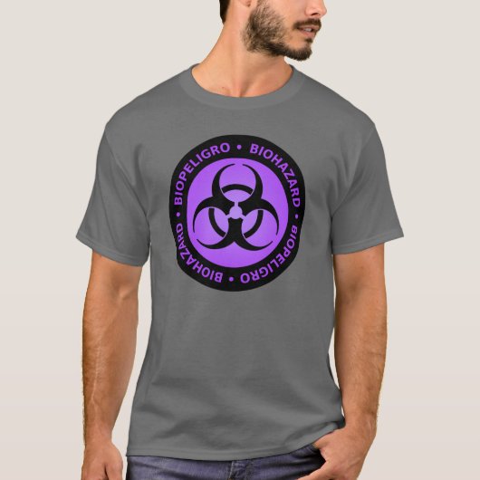 紫色及び黒い二か国語の生物学的災害［有害物質］の記号のTシャツ Tシャツ (正面)