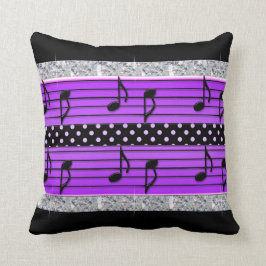 紫色及び黒い水玉模様のダイヤモンド及び音符 クッション