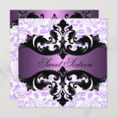 紫色及び黒い花のダマスク織の誕生日の招待状 招待状 (正面/裏面)