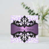 紫色及び黒い花のダマスク織の誕生日の招待状 招待状 (スタンド正面)