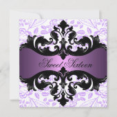 紫色及び黒い花のダマスク織の誕生日の招待状 招待状 (正面)