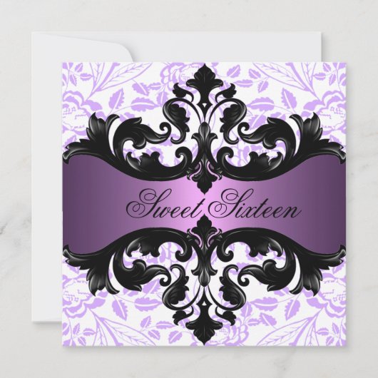 紫色及び黒い花のダマスク織の誕生日の招待状 招待状 (正面)