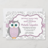 紫色女の子 ウッドランドオウル ベビーシャワー 招待状 (正面)