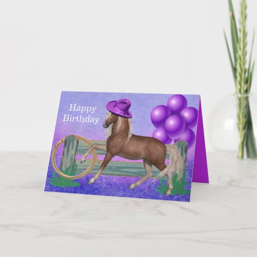 紫色帽子と風船の馬の誕生日おめでとう カード (正面)