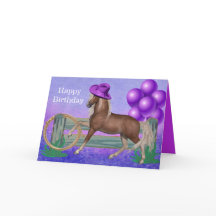 紫色帽子と風船の馬の誕生日おめでとう