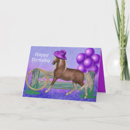 紫色帽子と風船の馬の誕生日おめでとう カード