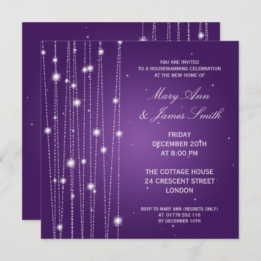 紫色引っ越し祝いパーティーのパーティーのきらめくなライン 招待状 (正面/裏面)
