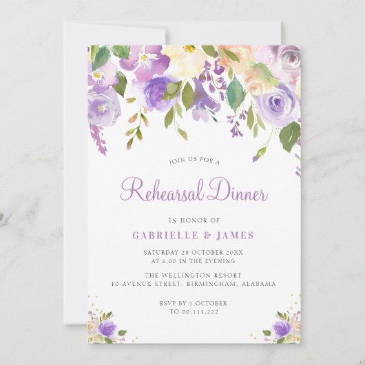 紫色彩の鮮やかと桃のフローラリハーサル 招待状 (正面)