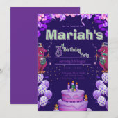 紫色恐竜の誕生日招待状 招待状 (正面/裏面)
