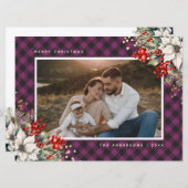 紫色水彩ポインセチアとホーリーの写真クリスマスカード シーズンカード (正面/裏面)