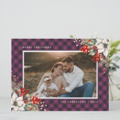 紫色水彩ポインセチアとホーリーの写真クリスマスカード シーズンカード (スタンド正面)