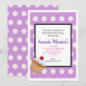 紫色水玉模様の誕生日ケーキ 招待状 (正面/裏面)