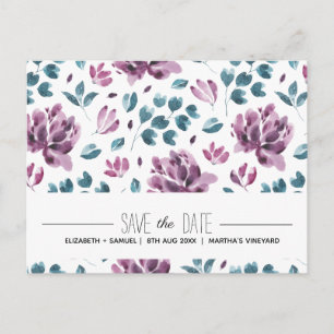 紫色牡丹水彩 Save the Date ポストカード