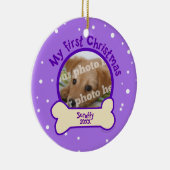 紫色私の初めてのクリスマスのカスタムな写真の名前犬 セラミックオーナメント (右)